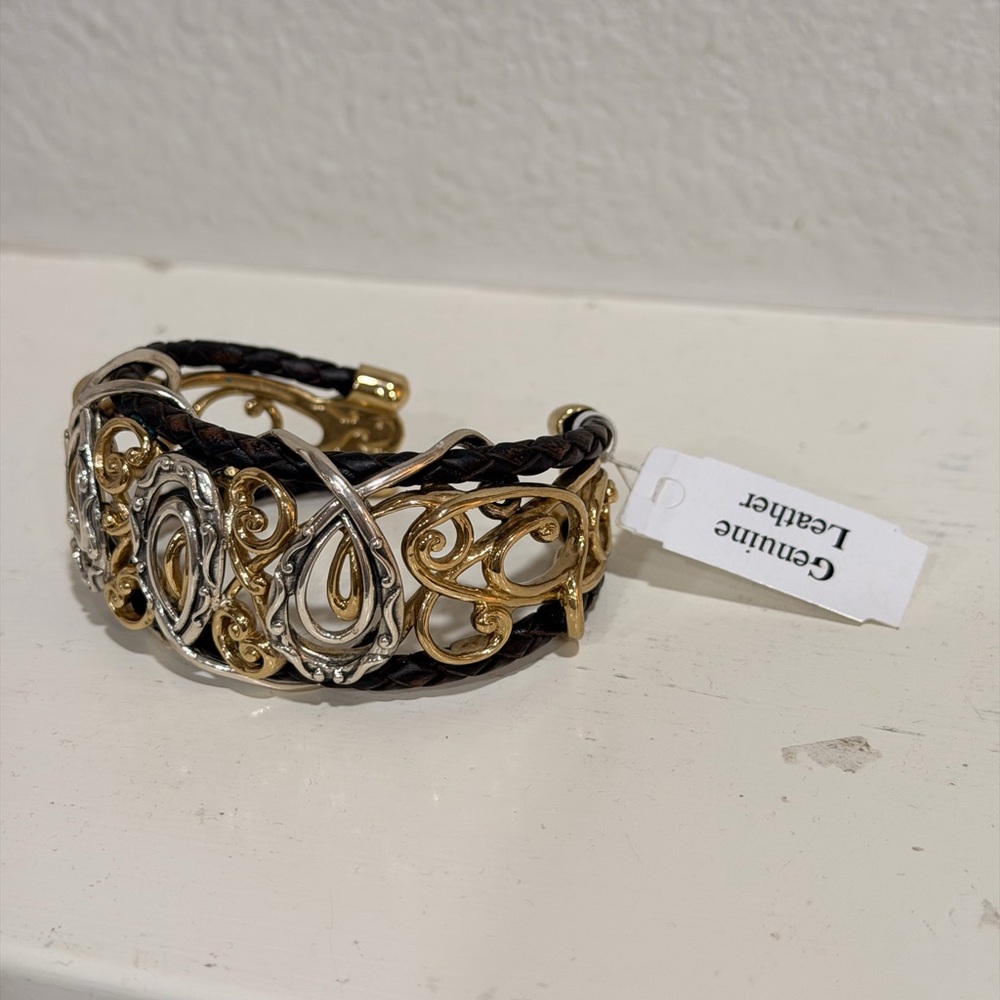 Gold & Silver Tone Scroll Cuff Bracelet Braided Leather Statement